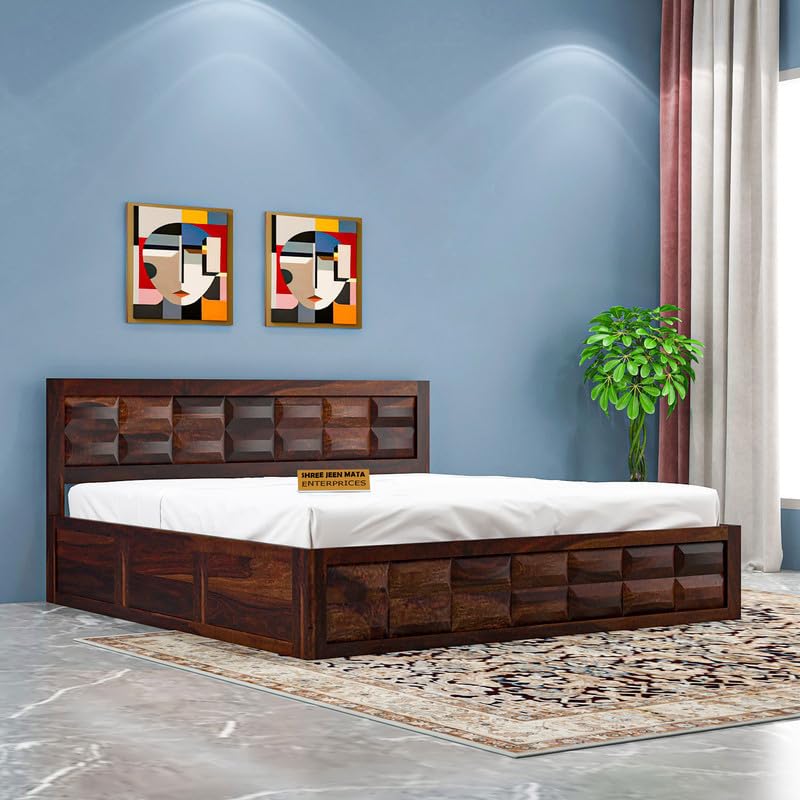 SHREE JEEN MATA ENTERPRISES™ Premium Sheesham Wood King Bed with Storage | Wooden Cot| Contemporary Headboard | Sturdy & Elegant Solid Wood Bed for Bedroom (Walnut Finish)