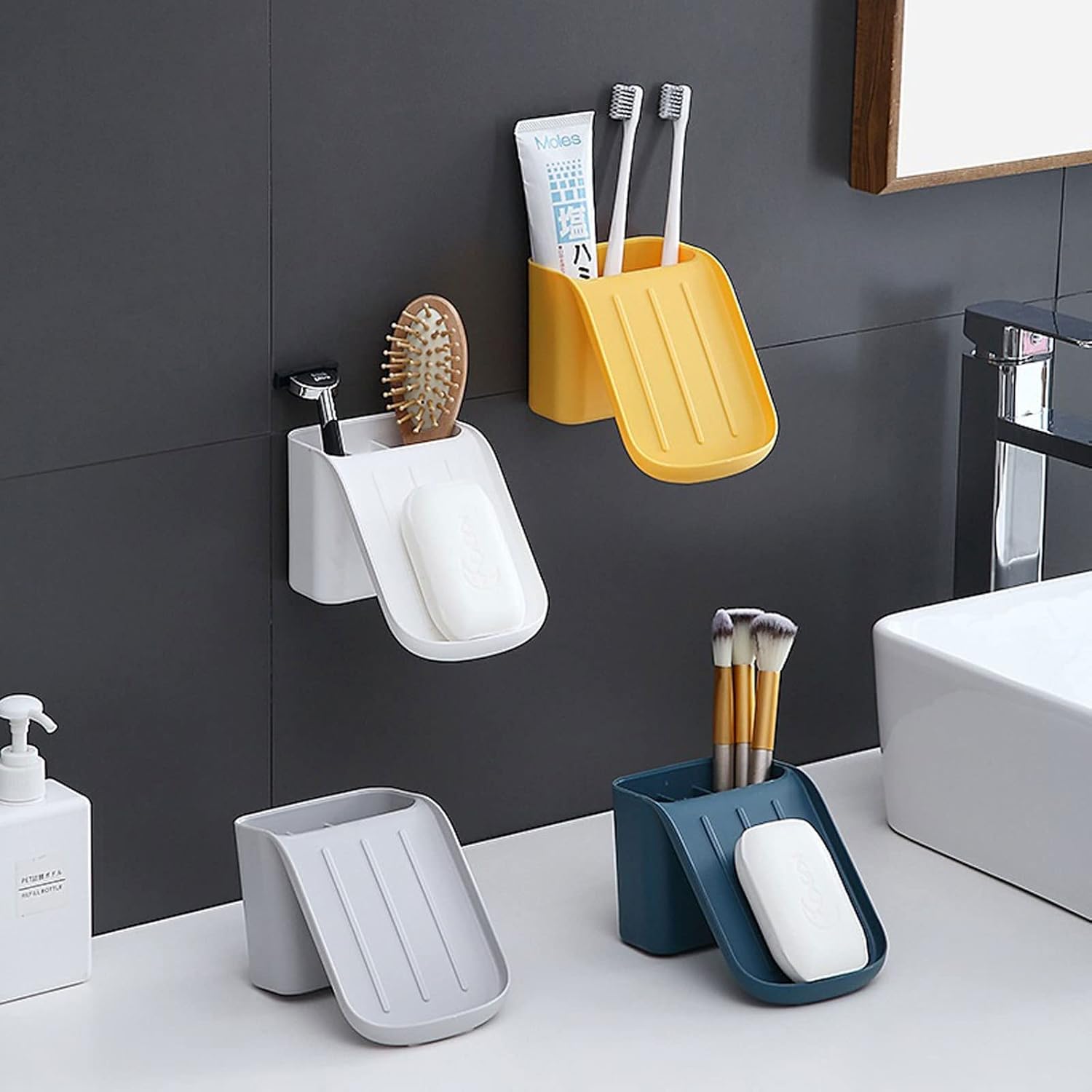 Toothbrush Holders Double-Layer Soap Box Drain Soap Holder Sucker Wall-Mounted Bathroom Storage Rack Toothbrush Holder Kithchen Organizer (Color : Grey) (Yellow)