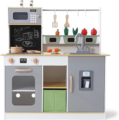 Miniatura 9 de Garveelife Juego de cocina de madera para niños, perfecto para jugar con luces y sonidos reales y accesorios de utensilios de cocina y cortar