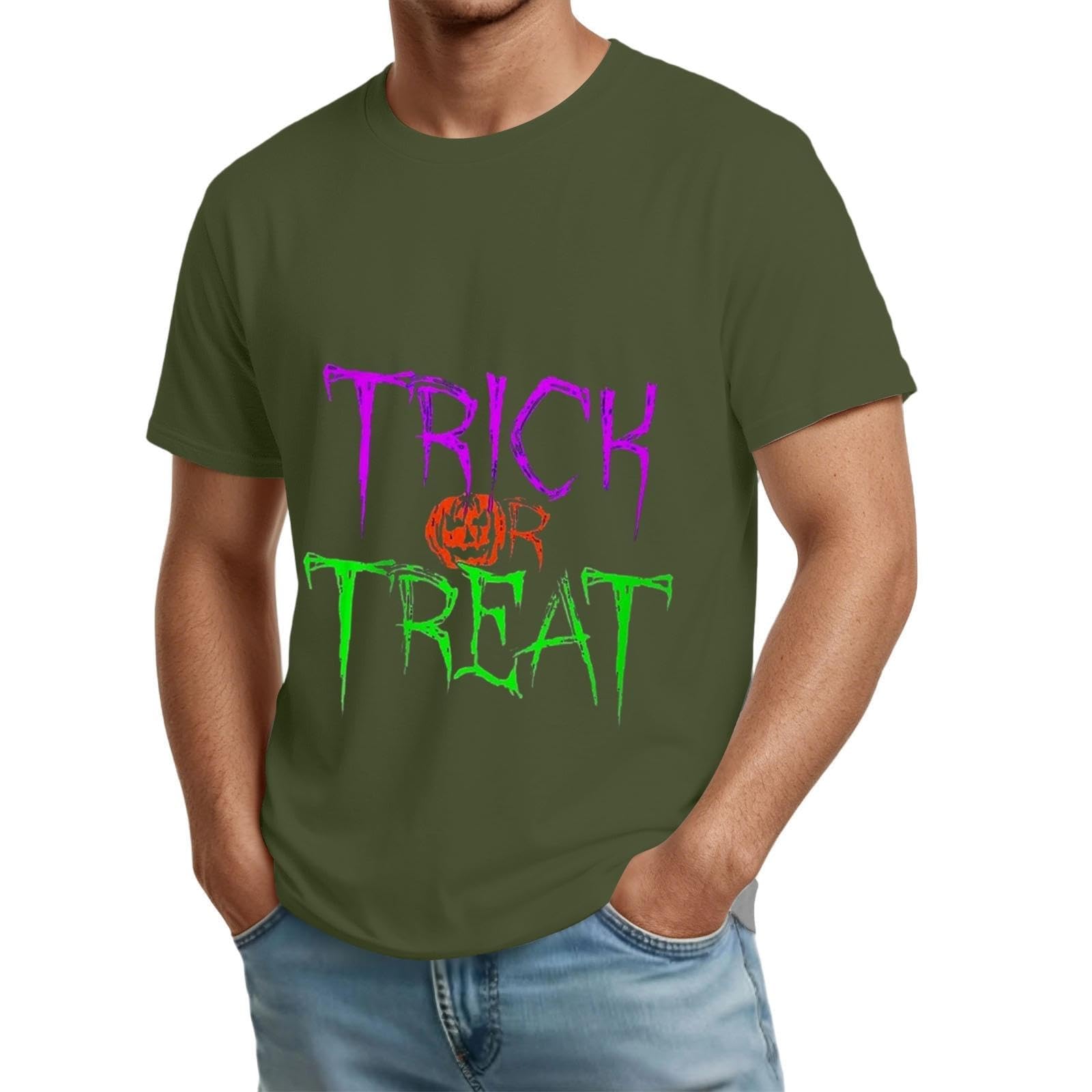DENGJIAMY męska koszulka z grafiką na Halloween cukierek albo psikus codzienna koszulka dla mężczyzn plus size okrągły dekolt topy wakacje straszny nadruk koszulka z krótkim rękawem, Zielony wojskowy
