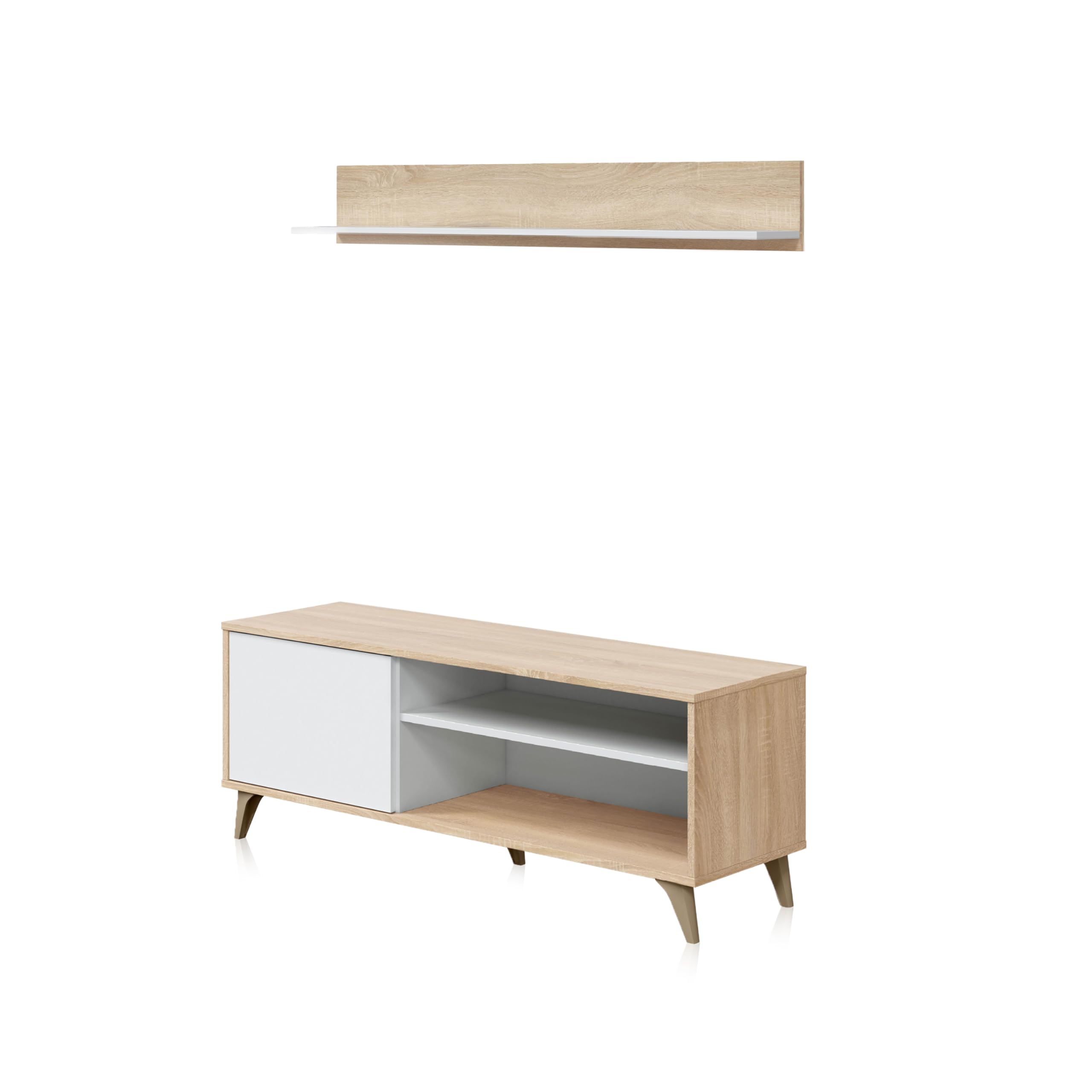 Habitdesign Modulo TV con Estante, Mueble de Salon, Juego de Muebles, Modelo Kikua Plus, Acabado en Blanco Artik y Roble Canadian, Medidas: 135 cm (Ancho) x 50 cm (Alto) 40 cm (Fondo)