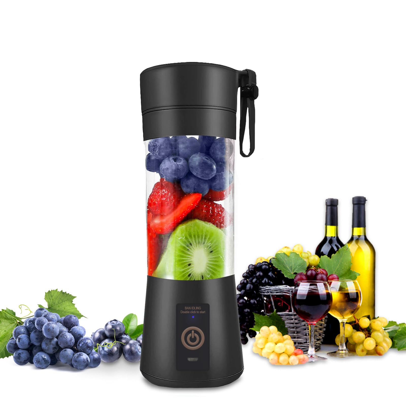 Portable Blender 380ml, Mini Blender for Shake and Smoothies, Portable for Travel and Picnic, Small Blender With 6 Blades Fruit Juicer Cup (Black)