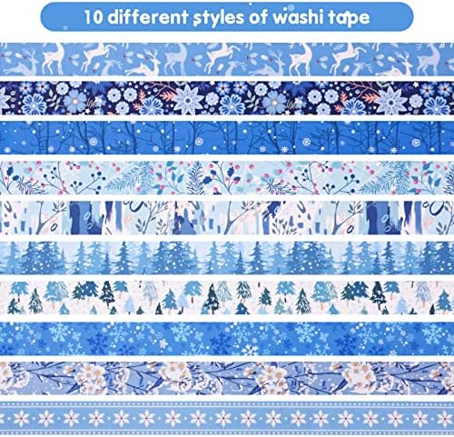 10 Rolls Christmas Washi Tape Set Masking Blue Multi-Pattern Decorative Washi Tape Japanese Self Adhesive Paper Sticker Holiday Xmas Sticky Tape for Scrapbook Arts Crafts Tape Festival Gift Wrapping