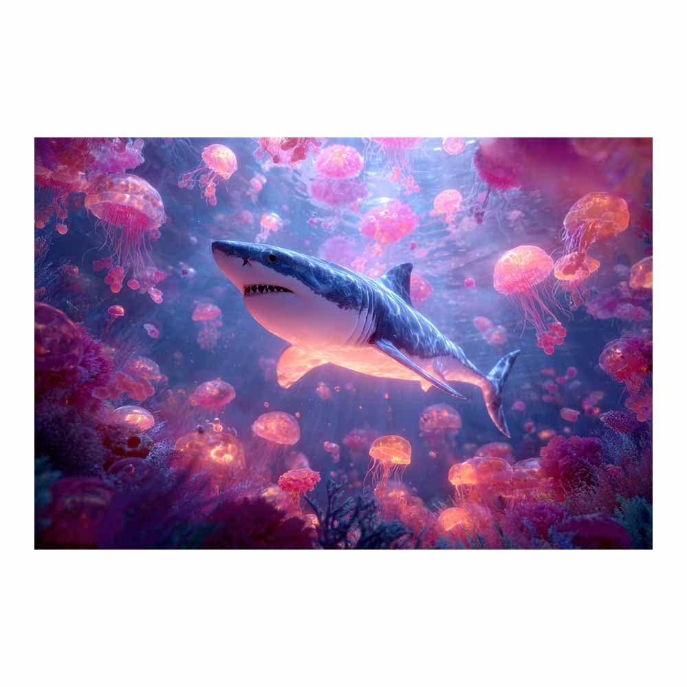 HUYEEI Canvas Wall Art Beachs Sharks withs Jellyfishs marine animals Seascape Vintage Artwork for Seaside Livings Room Bedroom Bathroom Decor(pink)-60x90cm Unframed