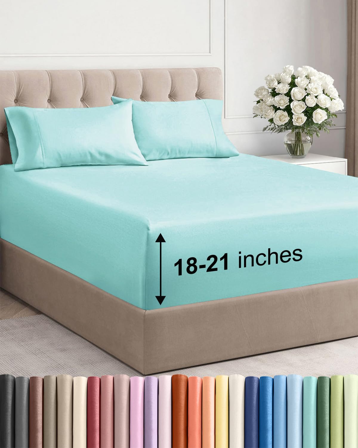 extra deep pocket king size sheet set - breathable & cooling - spa blue
