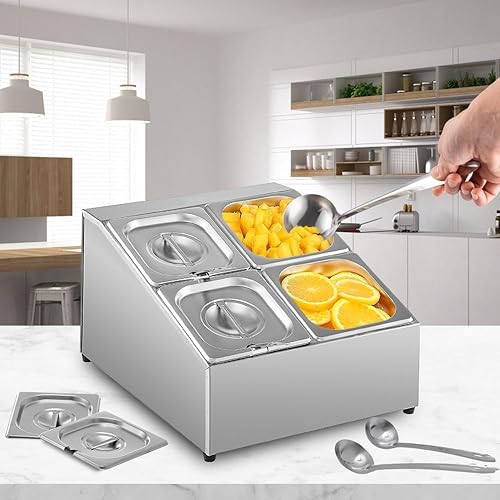 Miniatura 8 de Estante de acero inoxidable para especias con dos filas, cuatro bandejas de 1/6, cuatro cucharones, soporte inclinado para encimera para uso en