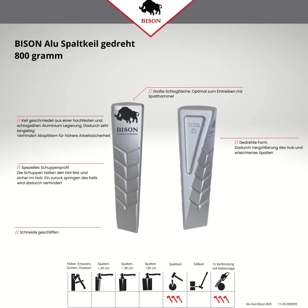 Bison Drehspaltkeil I Aluminium 800g I Hochwertiger Spaltkeil aus Aluminium geschmiedet I Gedrehte Keilform mit Führungsrippen & Oberflächenprofil