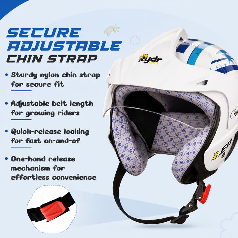 Image of Rydrkids Star S Peak - Leo Blue Kids Motorcycle Helmet with Visor & Peak - Size S 3 to 7 Years, Lightweight & Adjustable Safety Helmet for Boys