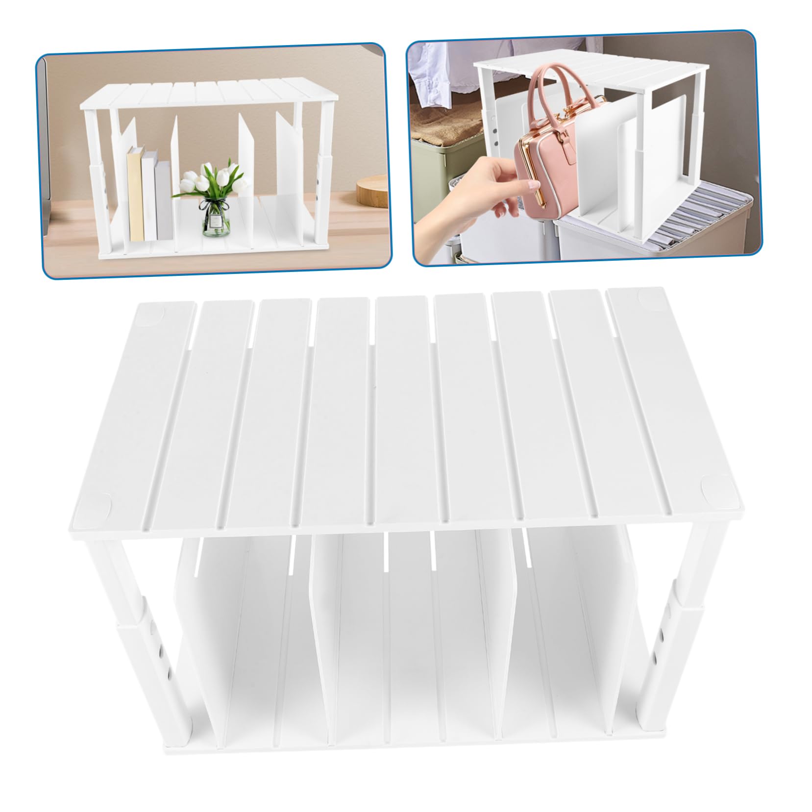 Organizador de Bolsos de Armario Blanco Abs Ajustable 4 Separadores | Diseño de Doble Nivel, Bordes Lisos sin Rebabas, Particiones Regulables, Almacenamiento Versátil