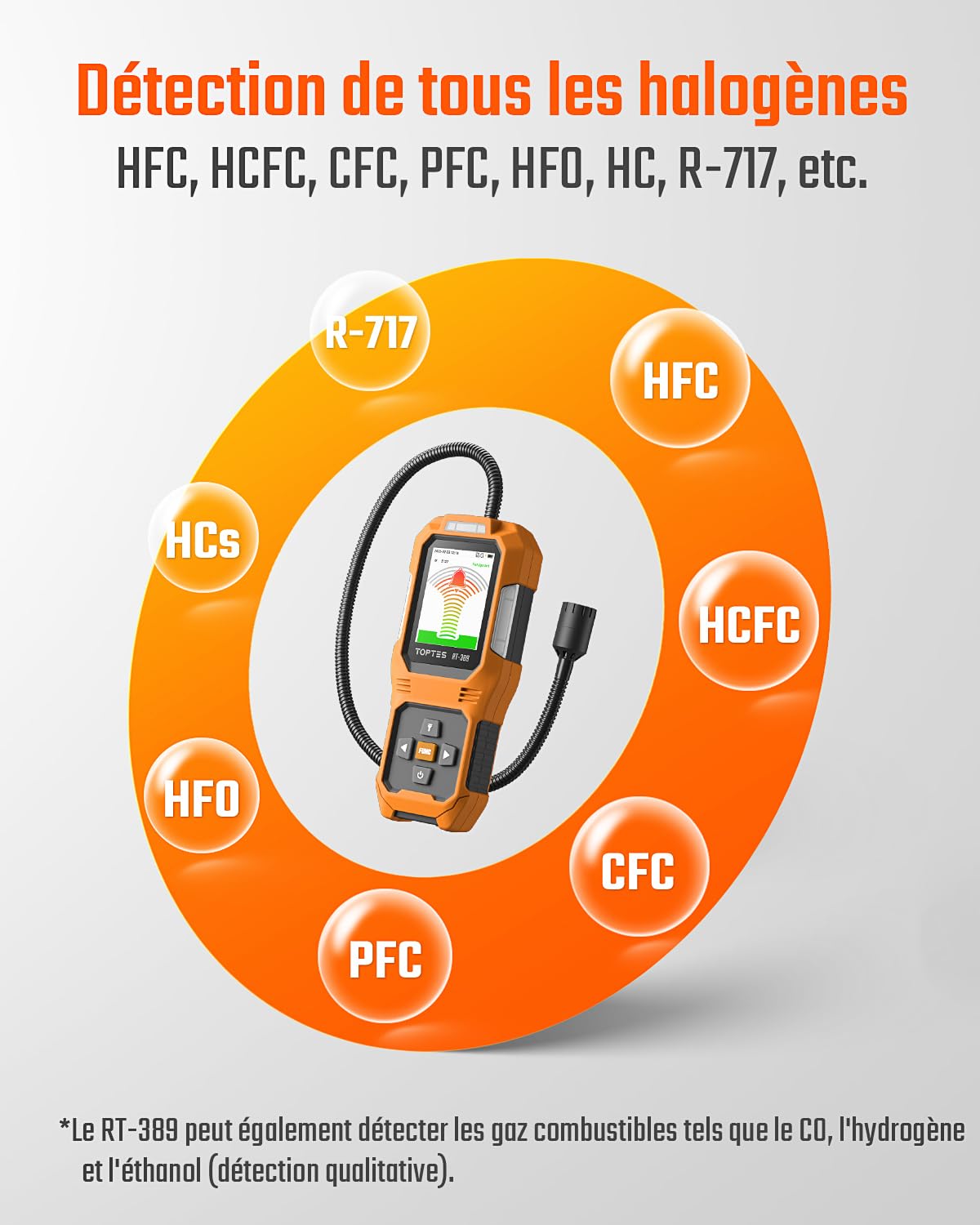 TOPTES RT-389 Détecteur de Fuite de réfrigérant Rechargeable, détecteur de Fuite de fréon avec 3 sensibilité et 3 Types d'alarme, pour CFC,HCFC,HFC,HFO,HC pour Automobile, Maison Industrie – Orange