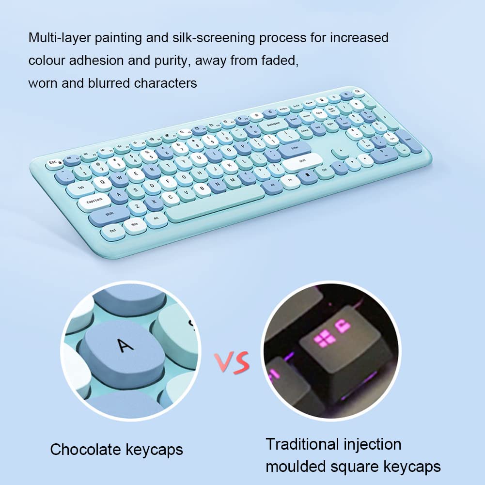 Combinazione Mouse e Tastiera Wireless, Tastiera per Macchina da Scrivere con Tasti Tondi Colorati, Tastiera Kawaii USB 2.4G Compatibile con laptop/computer(blu)