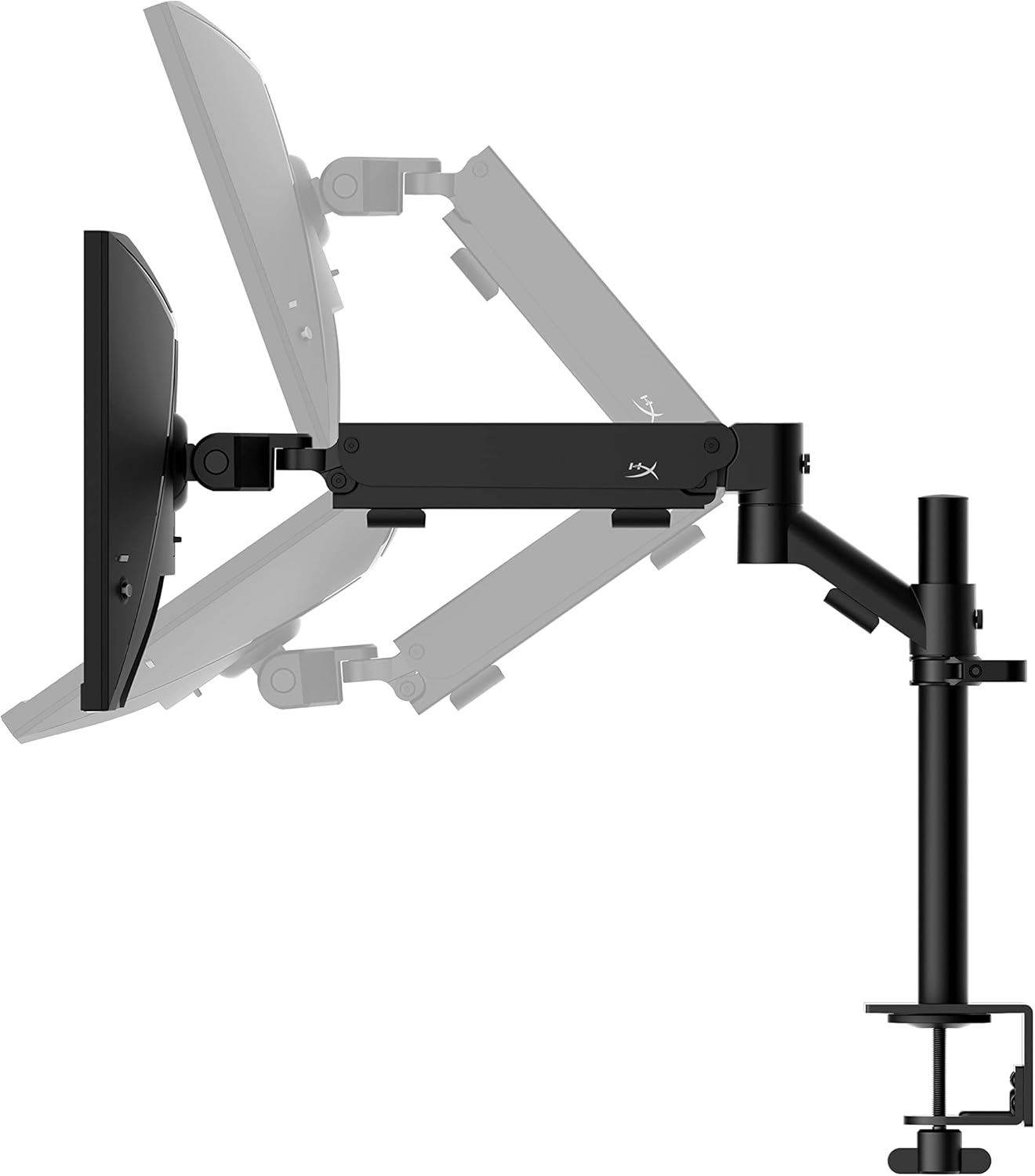 HyperX Armada 25 monitor on an adjustable arm, showing tilt and swivel capabilities