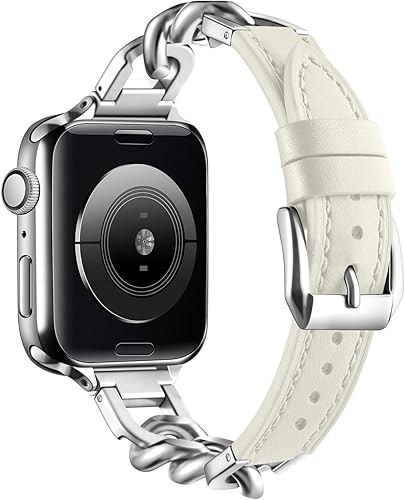 Classic Leather Bracelet Apple Watch Band, with Metal Link, White