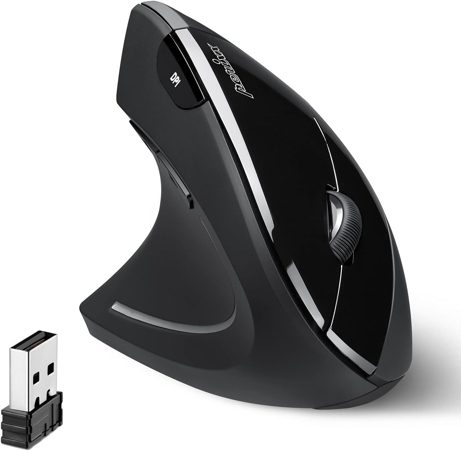 PERIMICE-713L, Wireless Ergonomic Left Handed Vertical Mouse, 6 Buttons Design, 3 Level DPI, Black, Medium