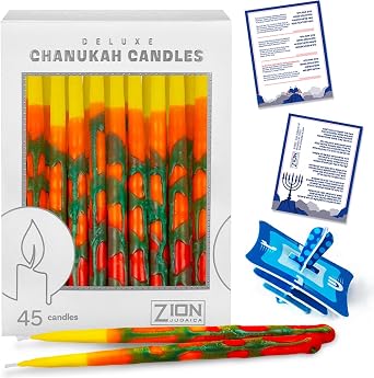 Zion Judaica Deluxe Chanukah Candle Set Blaze of Fire 45 Hand Made Thin Long Decorative Hanukkah Candles for Menorah Includes Prayer Card and DIY Dreidel Decor Candles for Parties Celebrations