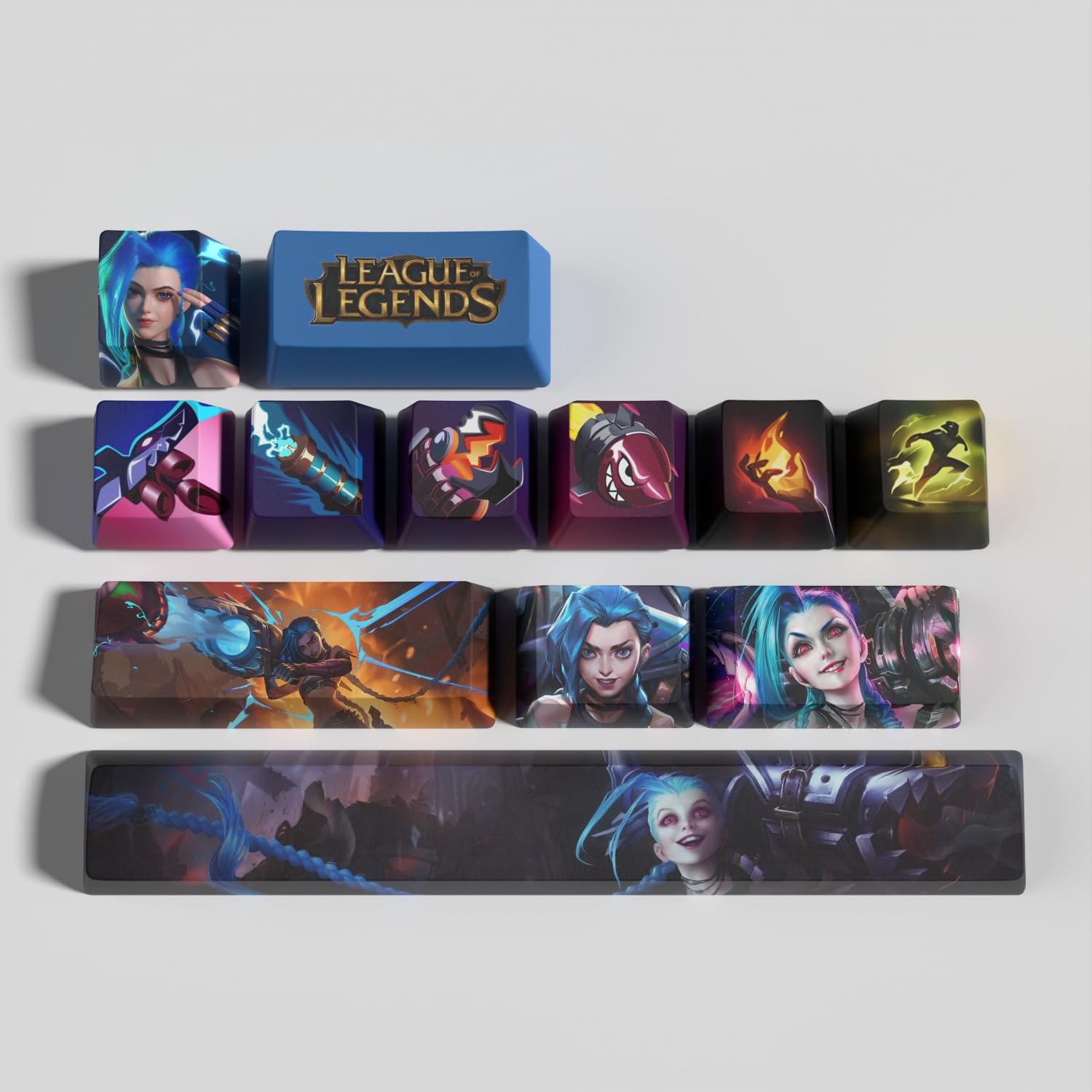 League Jinx Set di 12 Keycaps PBT ad alta densità OEM profilo Dye sublimazione layout ideale per creatori di contenuti e appassionati di sport