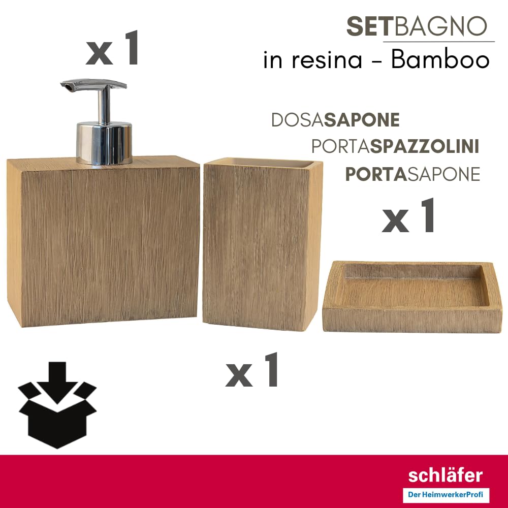 Schläfer 285200 | Set Bagno Completo serie Bambus con Dispenser per Sapone, Portasaponetta, Portaspazzolino, Bicchiere da Bagno, Portasapone Liquido Accessori in Resina Effetto Bamboo, 3 Pezzi