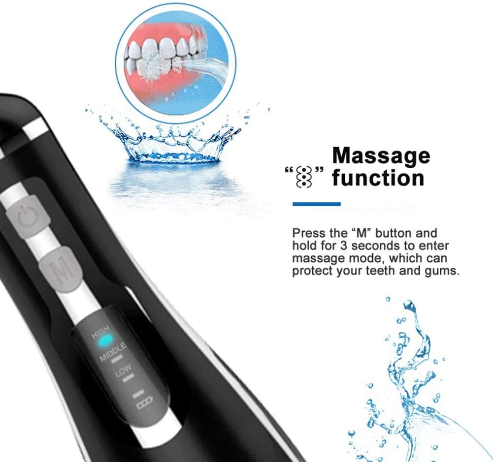 Irrigador bucal portátil / IPX7 Jet Wash Impermeable para Dientes, 3 Modos, con indicador LED, para Viajes y Familia,Negro