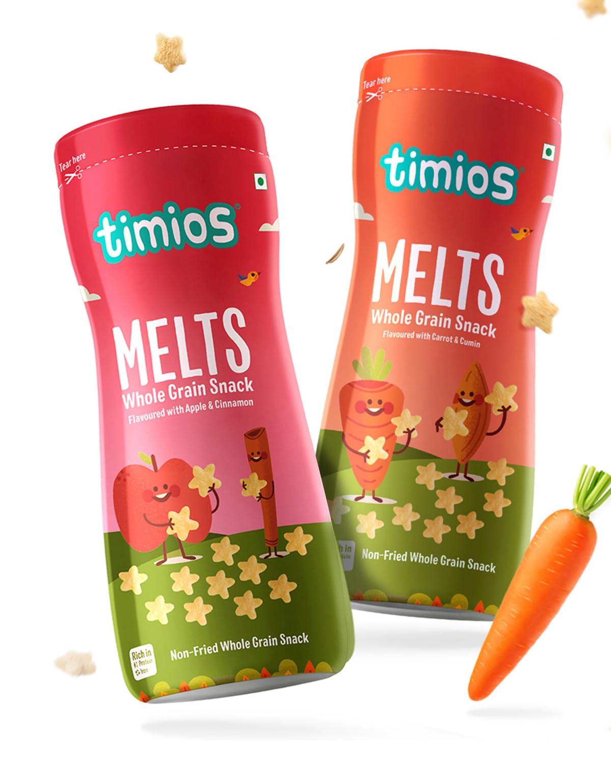 Timios Melts Wholegrain Teething Puffs for Kids, Apple & Cinnamon & Carrot & Cumin, No Maida, Preservative-Free, Healthy, Travel-Friendly, Combo Pack (2 x 50g)