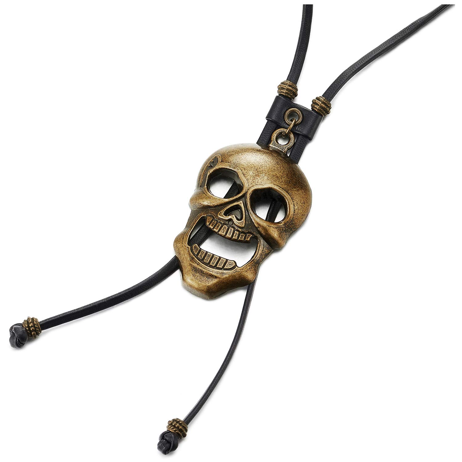 COOLSTEELANDBEYOND Gótico Vintage Latón Envejecido Cráneo Bolo Tie Corbata, Lariat Collar, Rodeo de Negro Cuero Largo Y Collar Hombre Mujer