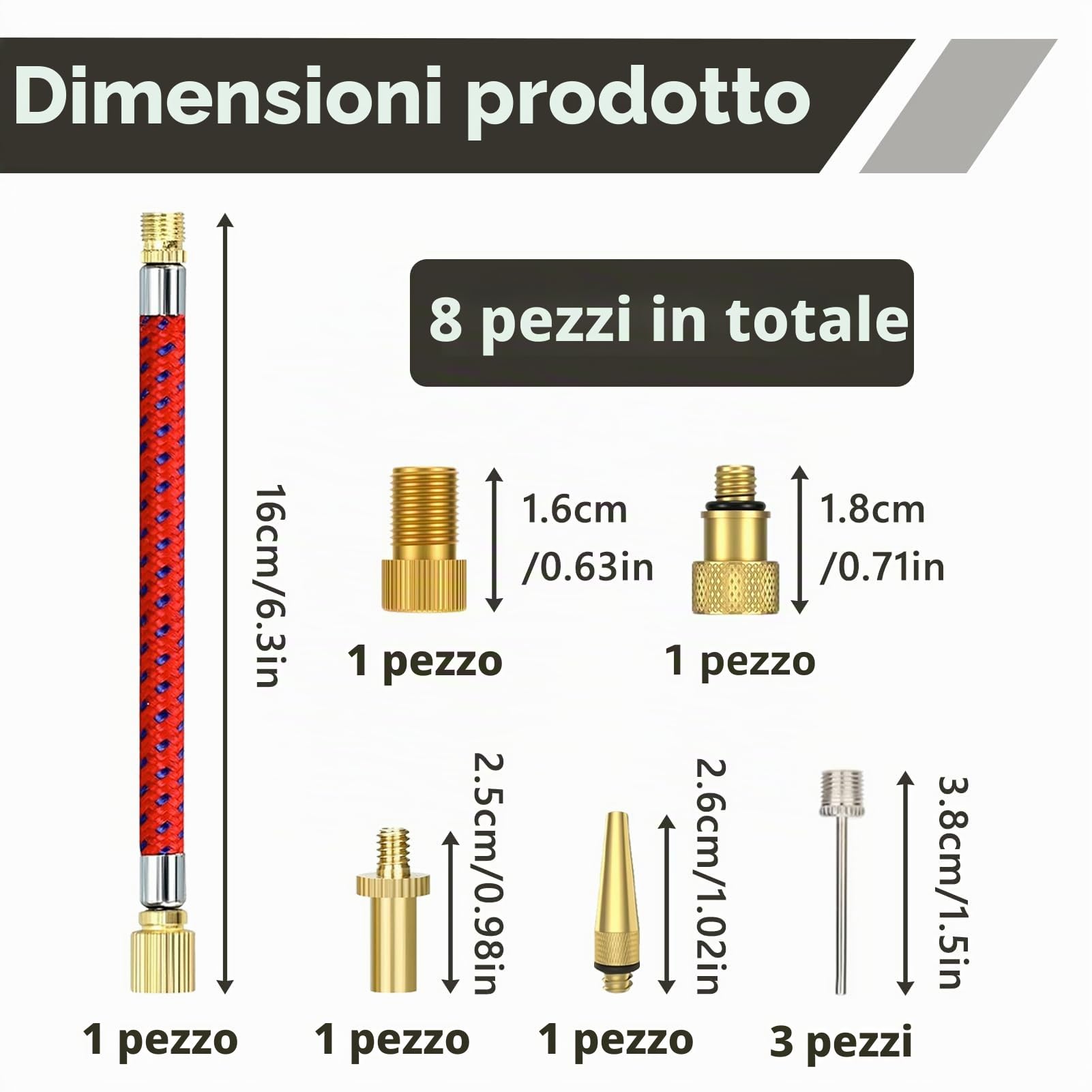 Adattatore Valvola Presta Universale 8 Pezzi per Palloni Auto Bici Gonfiaggio SV DV AV Prolunga Tubo Aghi Compressori Aria