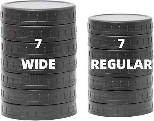 Bedgeta Paquete de 14 tapas de plástico negro para tarros Mason con anillos de silicona, 7 bocas anchas y 7 tapas de conservas de boca regular para