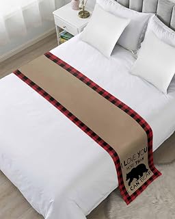 Bed Runner, Christmas Satin Bed Throw Runner for King Size Beds, Farmhouse Country Brown Bear Red Black Plaid Decorative Bedding Scarf for Bedroom Hotel Wedding Room Guestrooms 102x20 Inches
