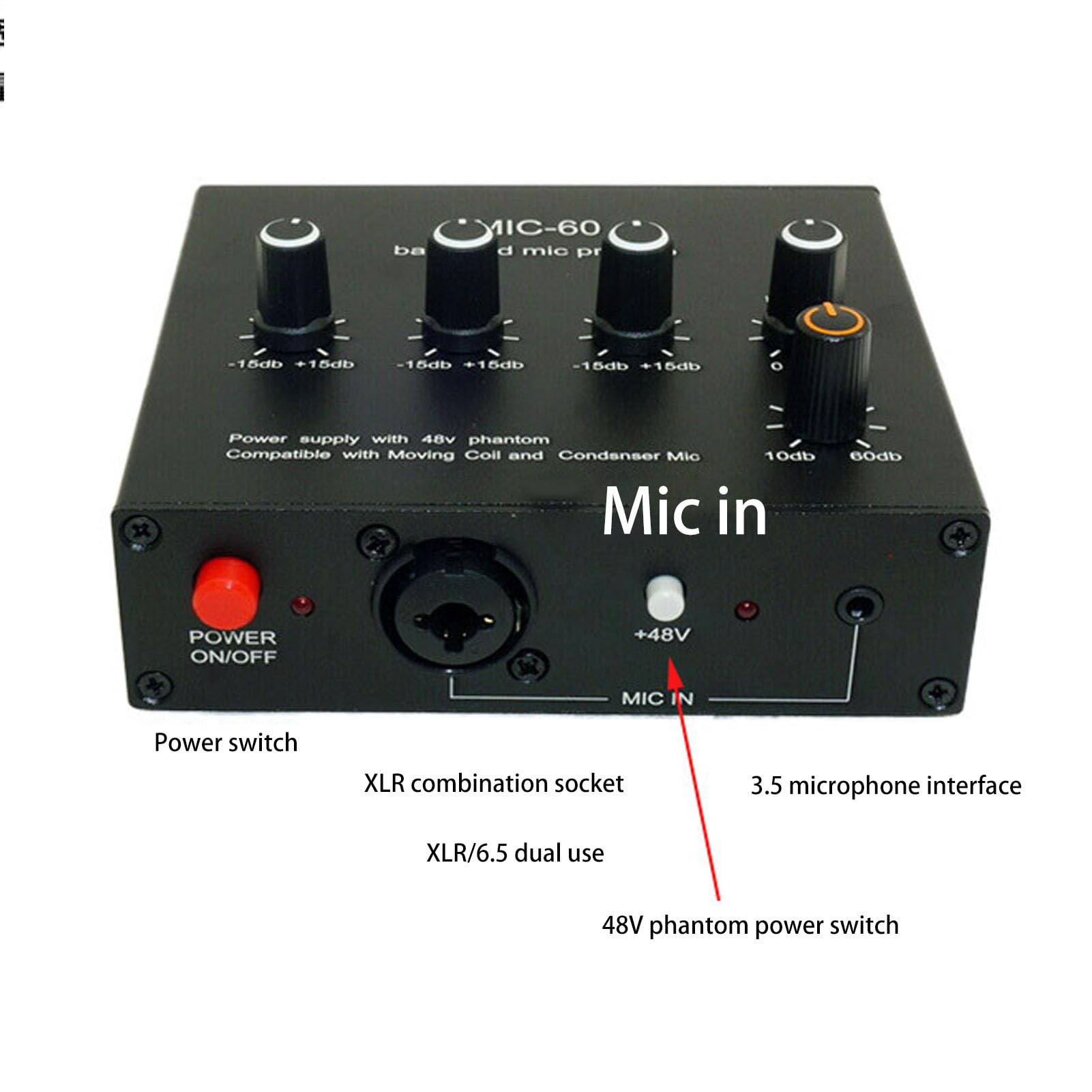 CHICIRIS Preamp de Micrófono 60dB de Ganancia de Micrófono, 3.5 Mm de 6.5 Mm XLR Intput Output Preamplificador con Potencia Fantasma de 48V, AMP Dinámico de Micrófono y Condensador para