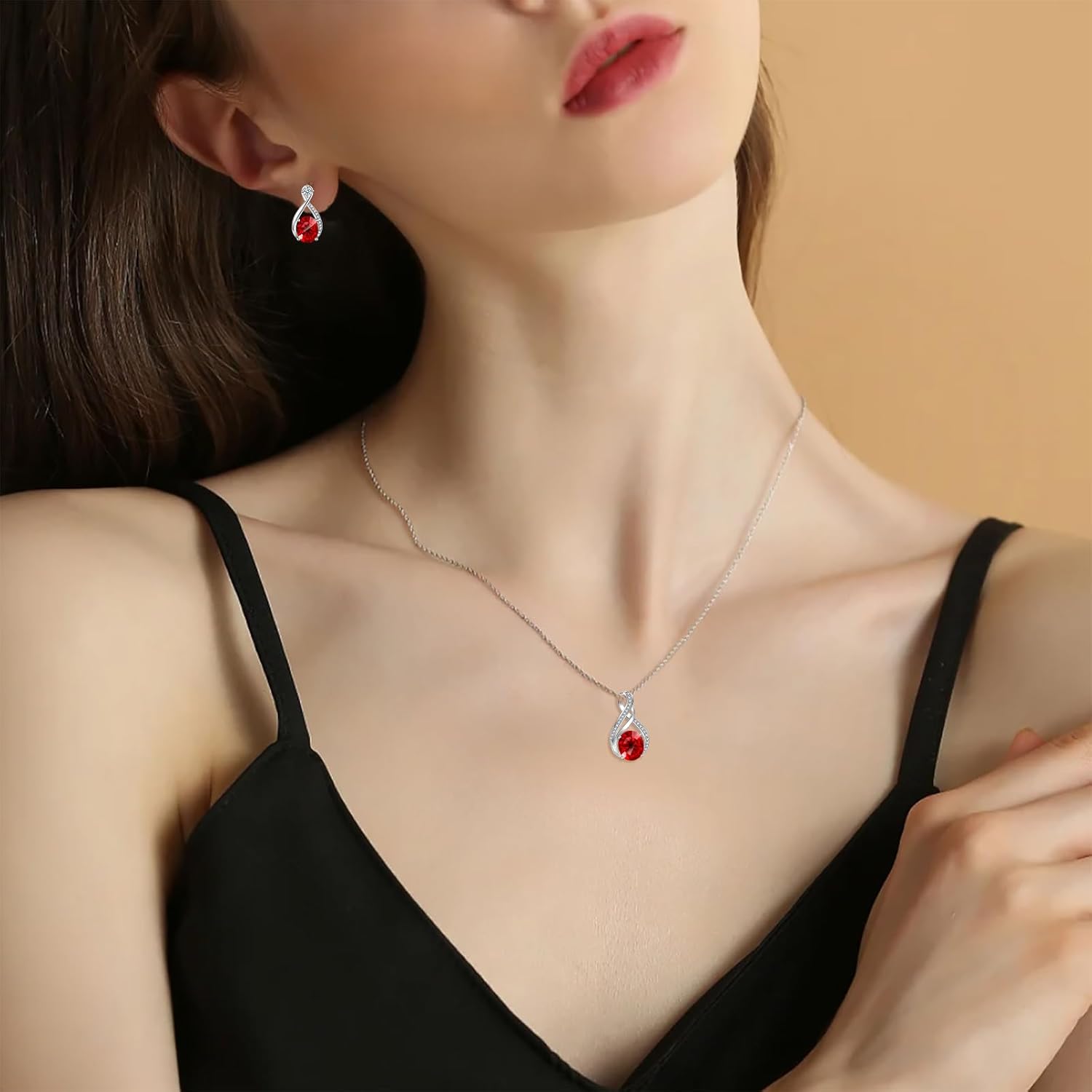 Charming Crystal Jewelry Sets For Women 18K White Gold Bracelet Necklace And Earrings Sets For Wife Girlfriend Or Mothers Idea Gift For Mother's day (Ruby) - Image 5