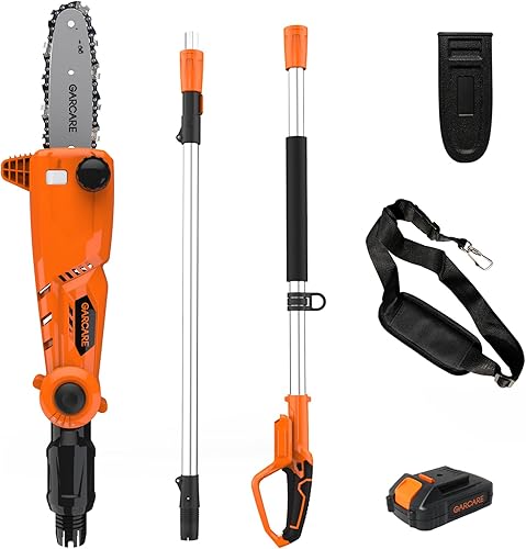 GARCARE Motosierra inalámbrica de poste de 20 V, 8 pulgadas, sierra eléctrica para podar árboles, batería con batería de 2.0 Ah y cargador