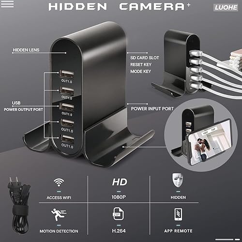 Miniatura 4 de 1080P HD 5USB puerto inalámbrico oculto cámara espía niñera cargador y cámara de seguridad con transmisión en vivo, detección de movimiento,