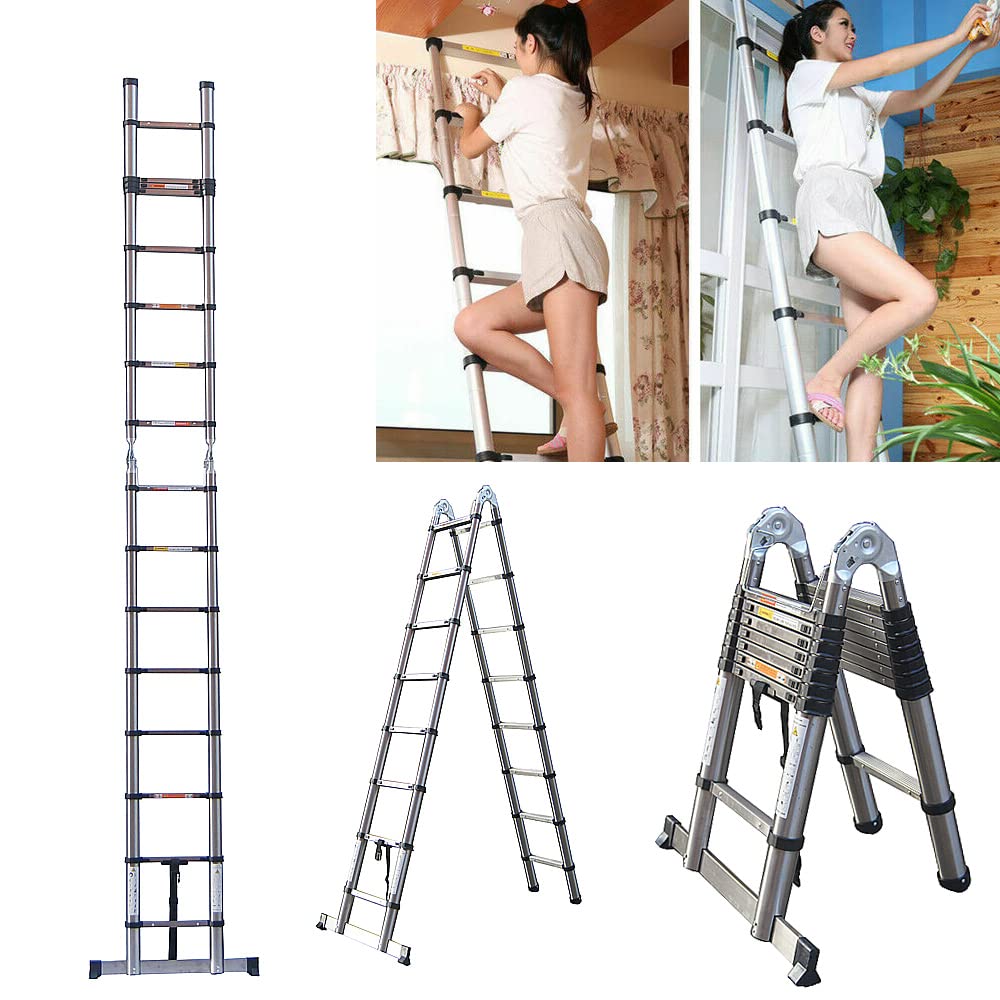 16.5FT Edelstahl Teleskopleiter, Rutschfester Klappleite Schiebeleiter, Ausziehbare Leiter 5M für Wohnmobile, Dachböden, Dachböden, Häuser, 330lbs Tragfähigkeit