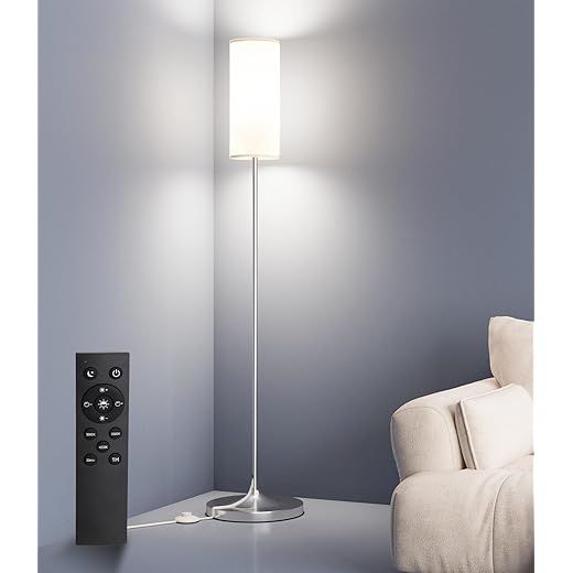 luckystyle LED Floor Lamp for Living Room, Dimmable Standing Lamps with Foot Switch,Remote Custom Color Temperature Silver Pole Lamp with Lampshade,12W Led Bulb Tall Lamps for Bedroom Office Kid Room