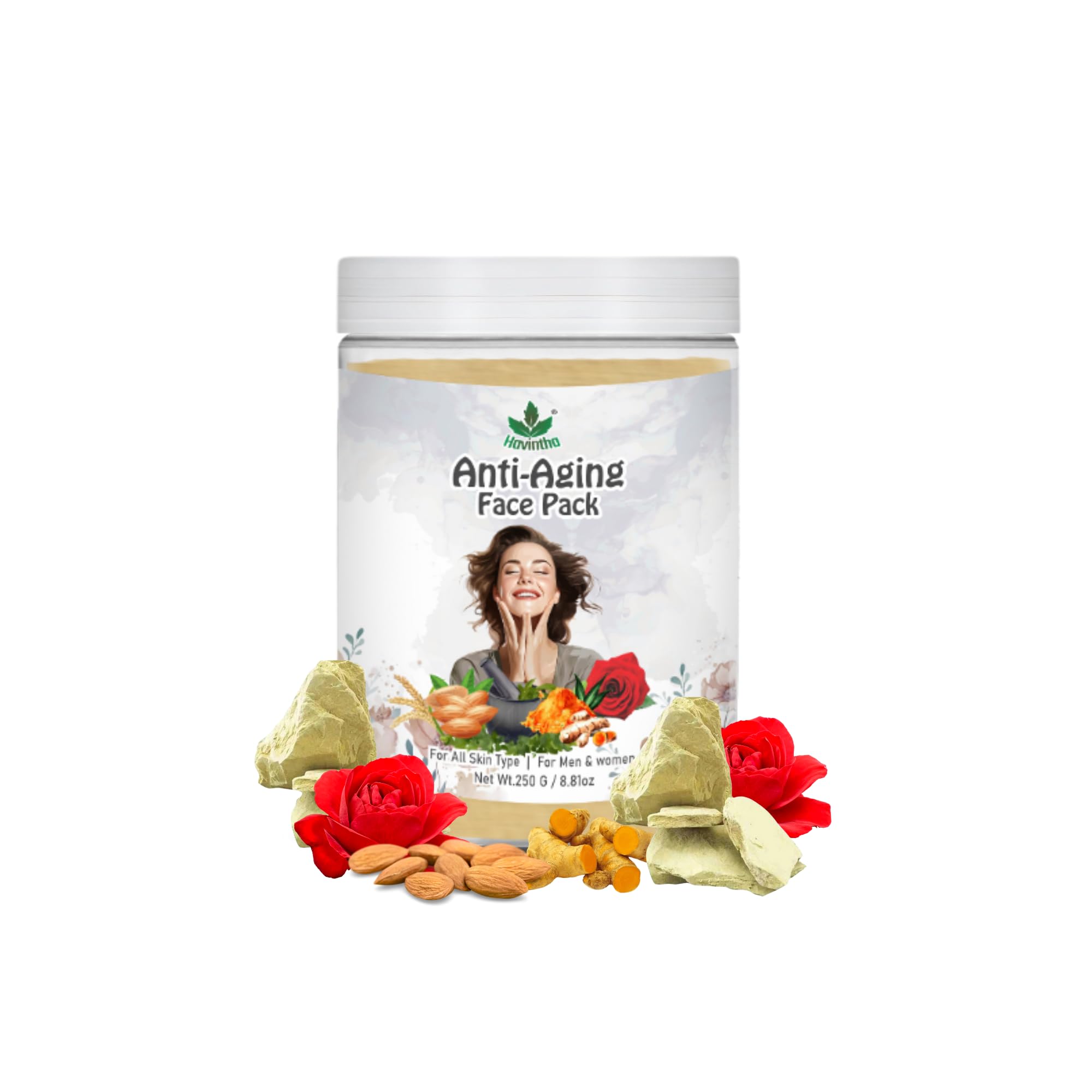 Havintha Powder Anti-Aging Face Pack Enriched With Almonds For Skin Moisturizing, Smooth, Shiny | Control Lines & Wrinkles | Deep Cleansing, Radiant ,Glowing | All Skin Type For Men & Women, 250 Gm