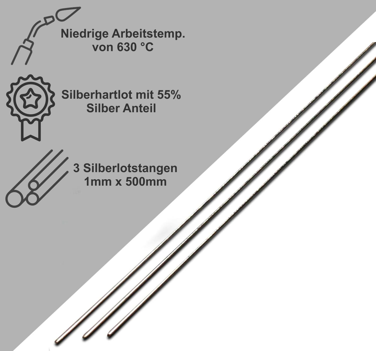 3x Silberlot Silberlotstäbe L-Ag55Sn 1mm Durchmesser 500mm lang zum hartlöten 55% Silber