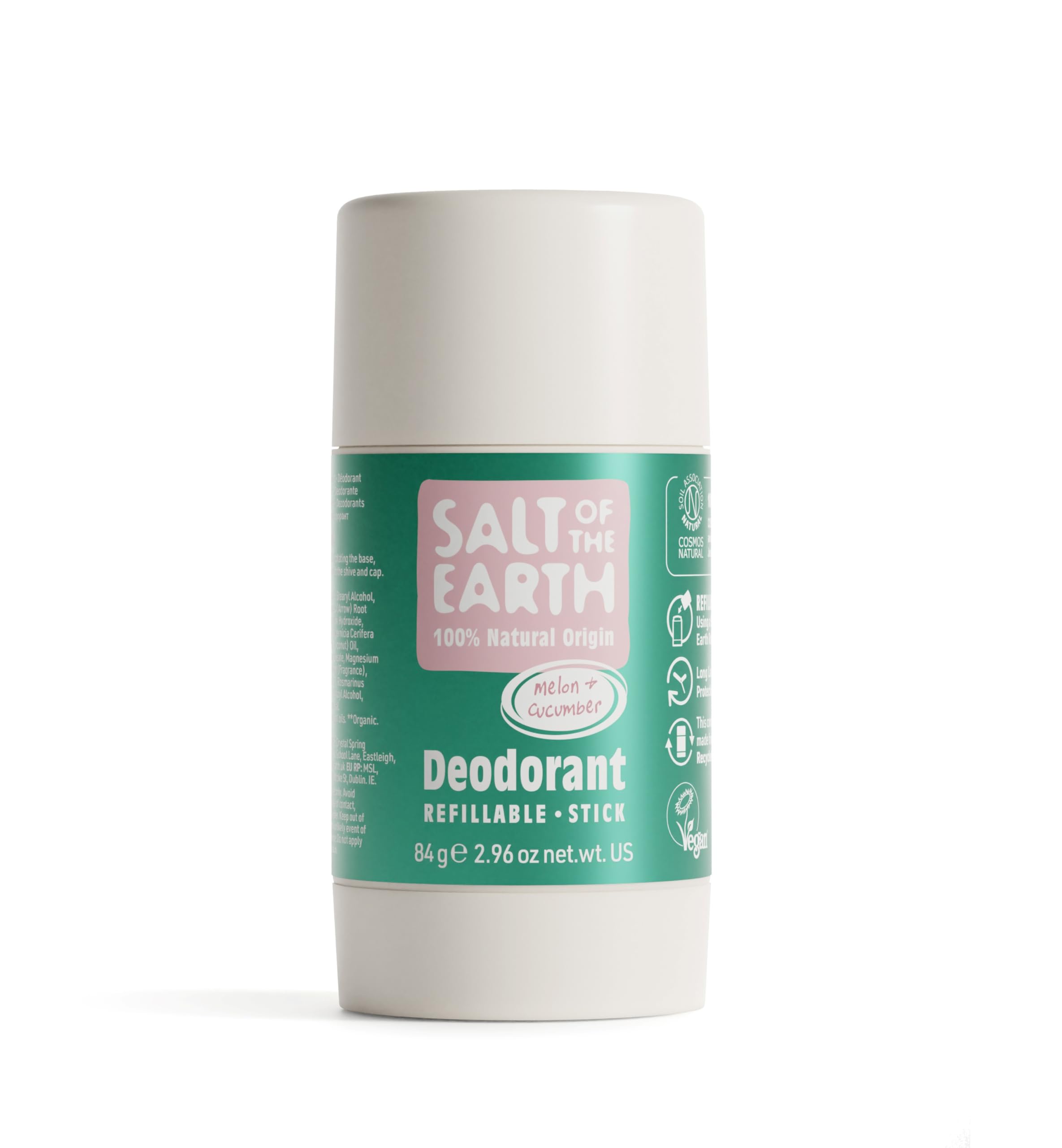 Salt of the Earth - Refillable Natural Deodorant Stick - Melon & Cucumber - Aluminium Free with Natural Origin Ingredients, Vegan & Long Lasting Protection, UK Made for Women, Men & Kids - 84gCOSMOS Natural by Soil AssociationCOSMOS Natural by Soil Association