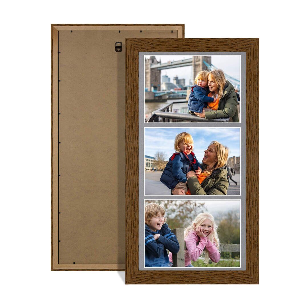 Procut Global 16X8 Dark Oak Photo Frames For Multiple Pictures with Mid Grey Mount-Modern Collage Frame with 3 Apertures (3x) 7X5-Engineered Wood with Shatterproof Perspex