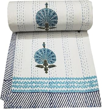 YUVANCRAFTS Indian Block Print Quilt Queen Kantha Quilts Kantha Throw Kantha Bedspread Blanket Cotton Bed Cover Quilt Boho Kantha Quilts Bedspread Turquoise, Queen 90 X 108 Inch