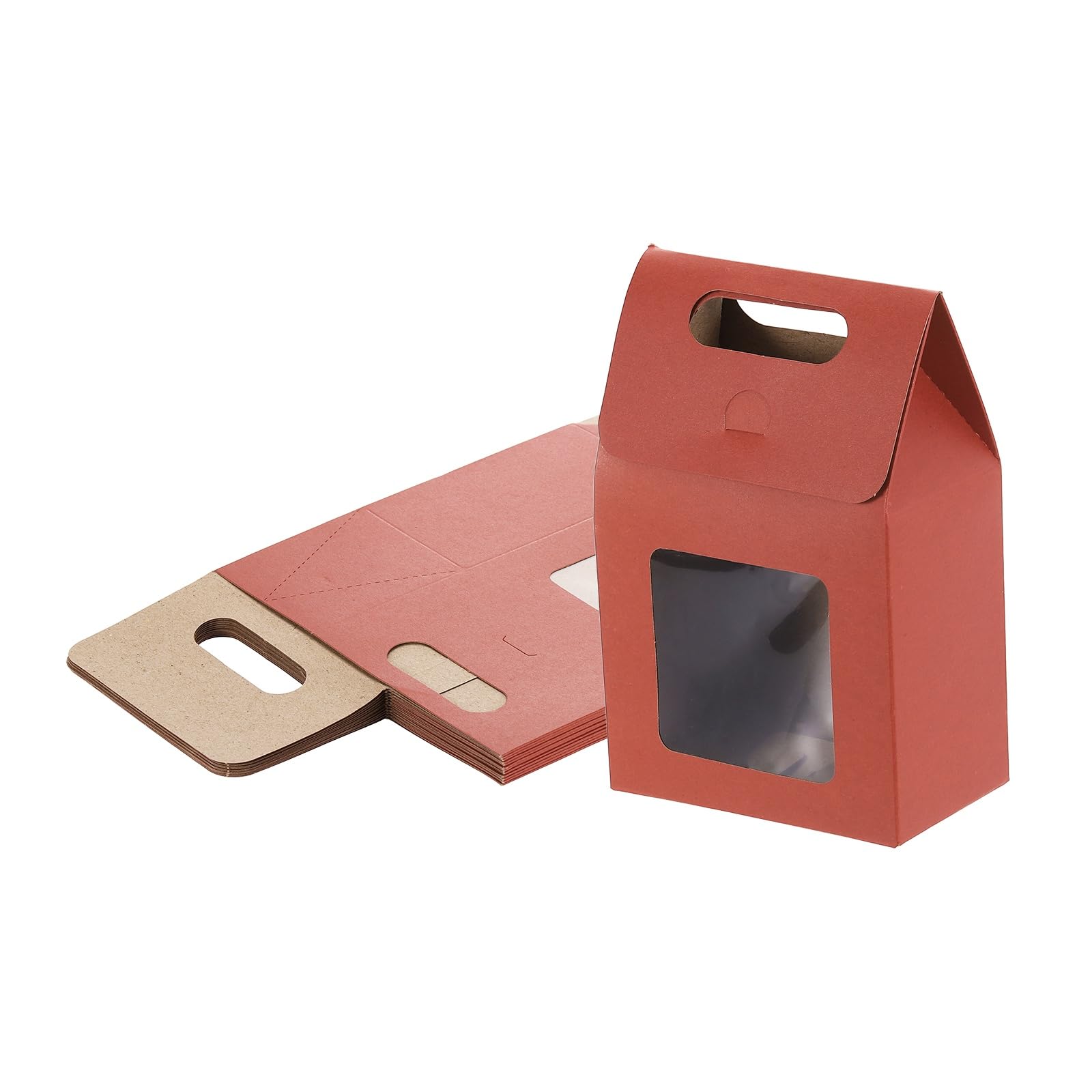 sourcing map 12Pcs Kraft Paper Bags, Gift Boxes with Clear Window and Handle, Stand Up Favor Treat Boxes for Candy, Cookies, Party Store, Packaging, Wedding, Dark Red