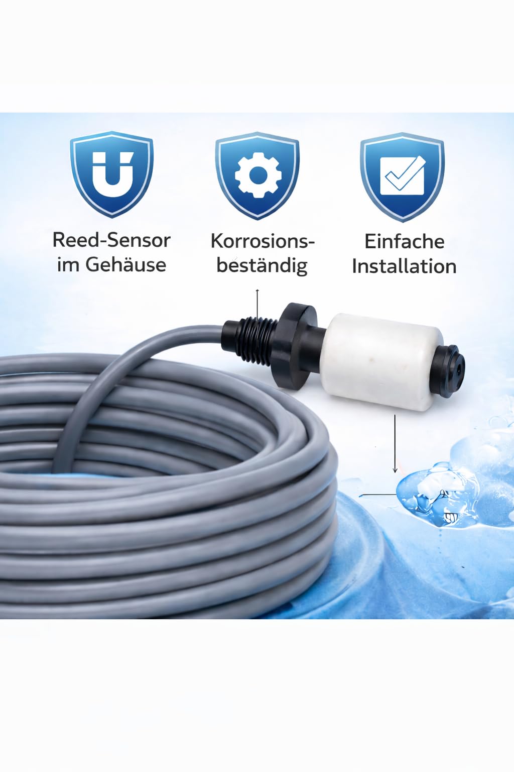 Schwimmerschalter/Wasserstandssensor zur Füllstandsüberwachung, Gewindegrößen PG7; G1/4"; G1/8"; mit 2,5m PVC-Kabel, umkehrbare Schaltfunktion NC/NO