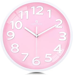 Lafocuse 12 Inch 3D Numbers Pink Wall Clock for Living Room Decor, Modern Kitchen Wall Clock Battery Operated Silent Non-Ticking Bedroom Home Office