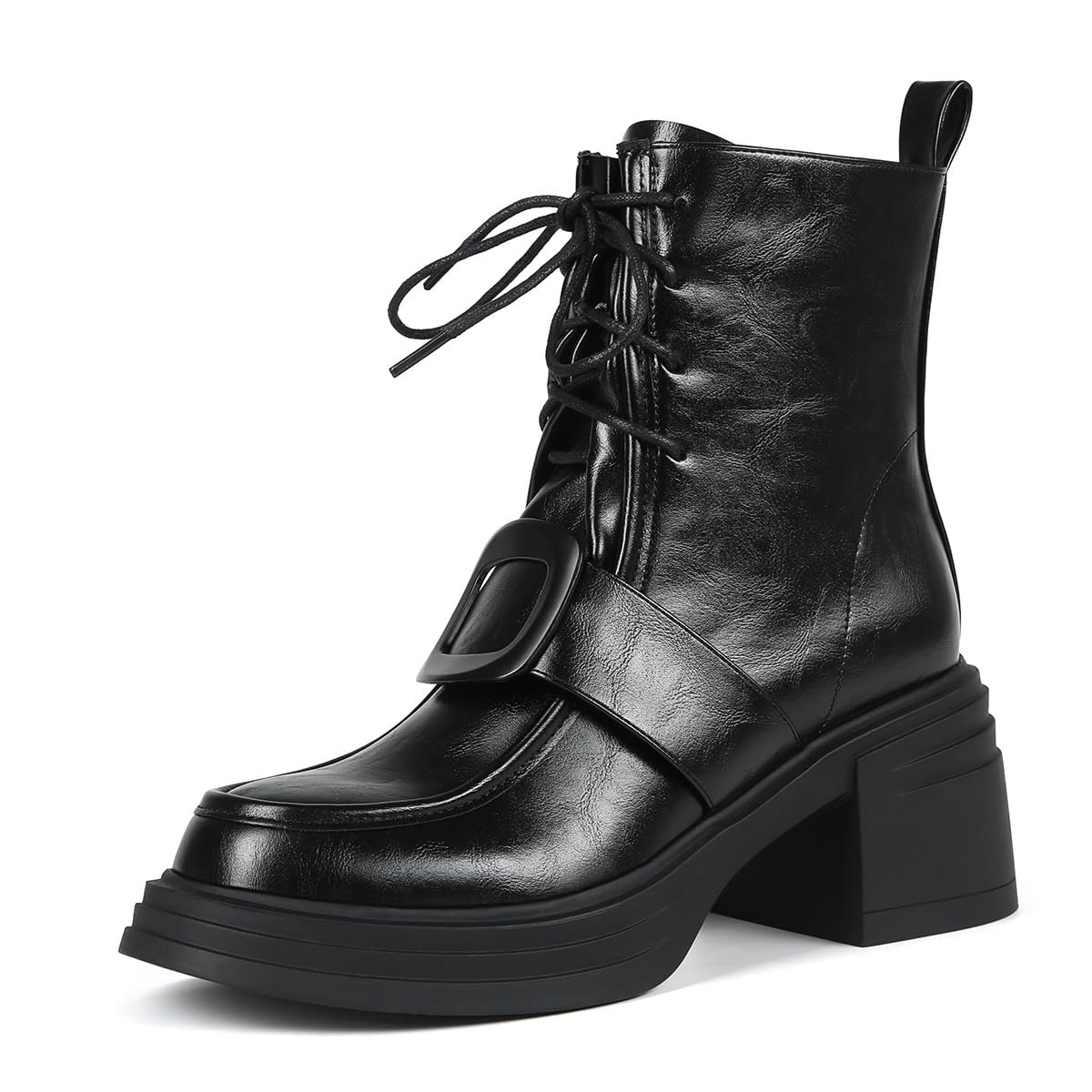 Feinlina Womens Lace Up Ankle Boots Black Leather Round Toe Platform Chunky Heel Booties with Buckle Office Daily
