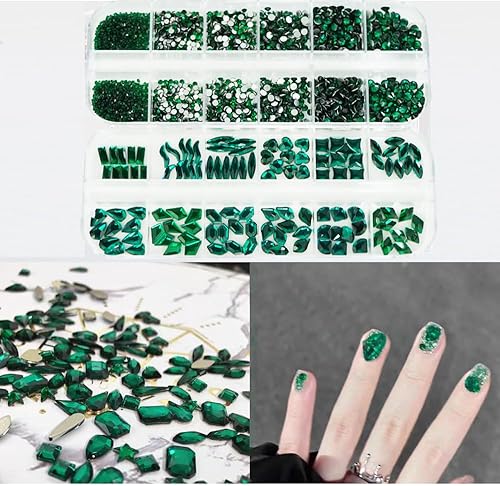 Miniatura 6 de 2680 gemas de uñas de diamantes de imitación verde esmeralda, 120 dijes de uñas grandes de color verde oscuro con cuentas redondas de parte trasera