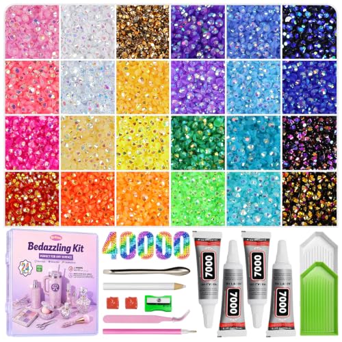 Redtwo 40000Pcs Resin Jelly Rhinestones for Bedazzling 3mm Multicolor Flatback Rhinestones Bedazzling Kit with 4Pcs Jewelry Glue and Tools Bedazzler Kit for Crafting Book Clothes Makeup Shoes
