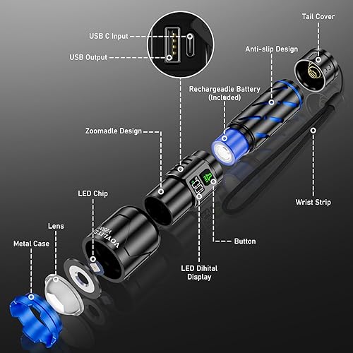 Miniatura 6 de Linternas recargables de alto lúmenes  10000 LM, batería de 5000 mAh con pantalla LCD, 3 modos, zoom e impermeable IP67  para camping, pasear
