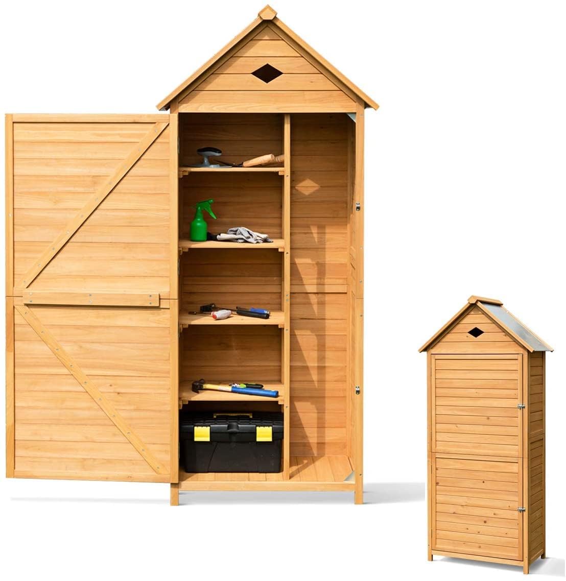 RELAX4LIFE - Caseta de jardín de madera de abeto con puerta bloqueable y techo de chapa galvanizada, cabañón jardín exterior con 5 estantes y compartimento para jardín, casa patio (style1 | 80 x 45 x