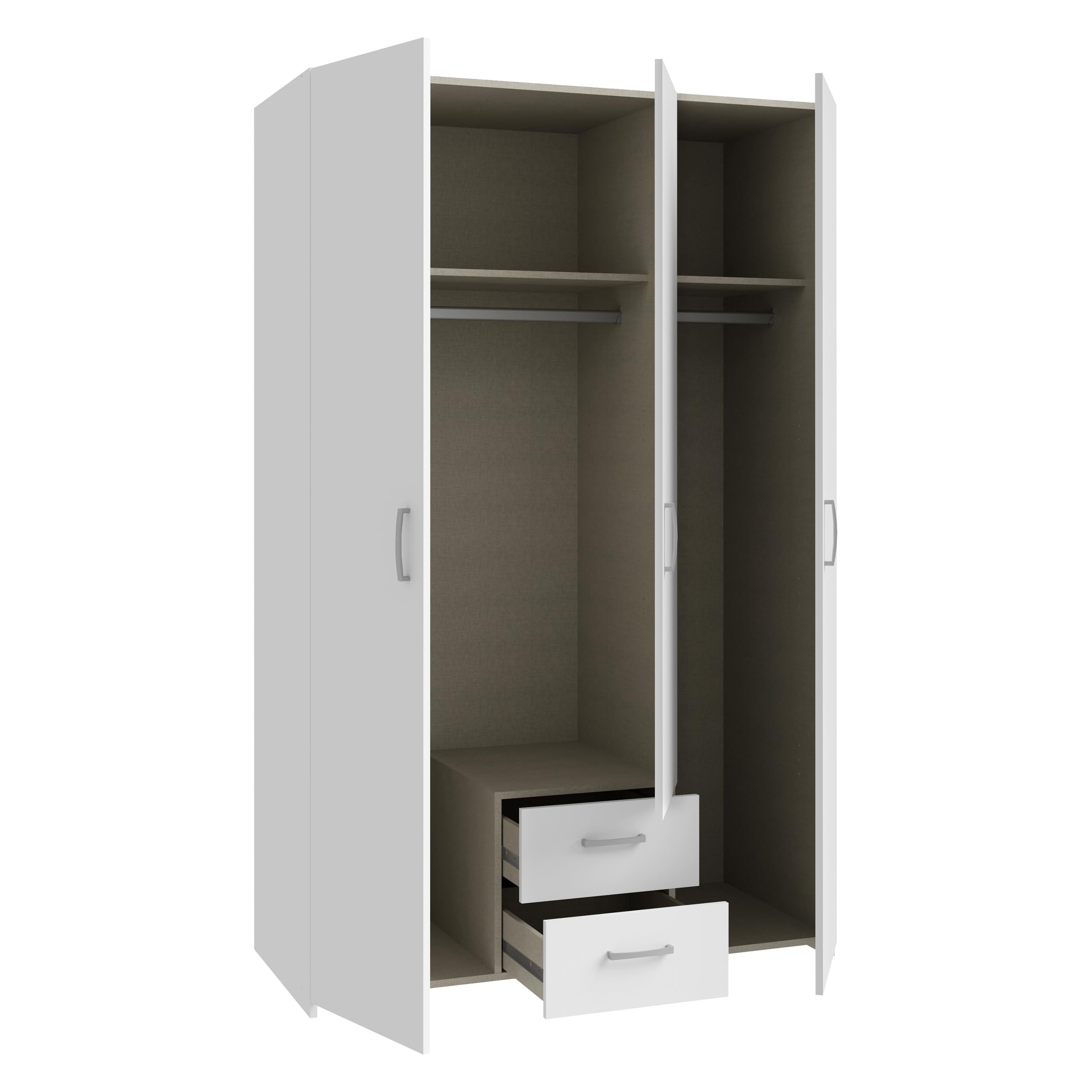 Forte ECONOBOX Kleiderschrank 120, 3-türiger Drehtürenschrank mit 2 Schubladen, Holzwerkstoff, Weiß, 119,4 cm breit, 190,5 cm hoch, 54,4 cm tief