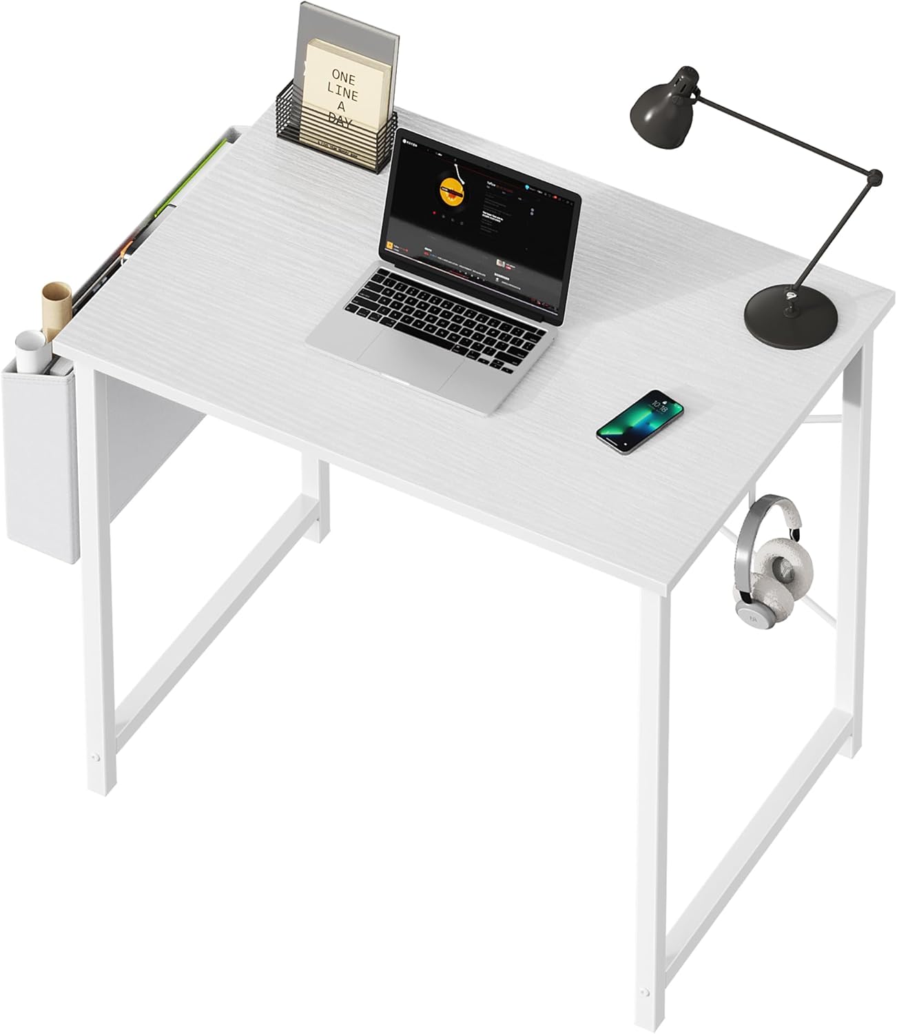 OLIXIS Computer Desk 31 Inch Home Office Desks for Small Spaces, Gaming Writing Study Work Table with Storage Bag and Headphone Hook for Bedroom, White