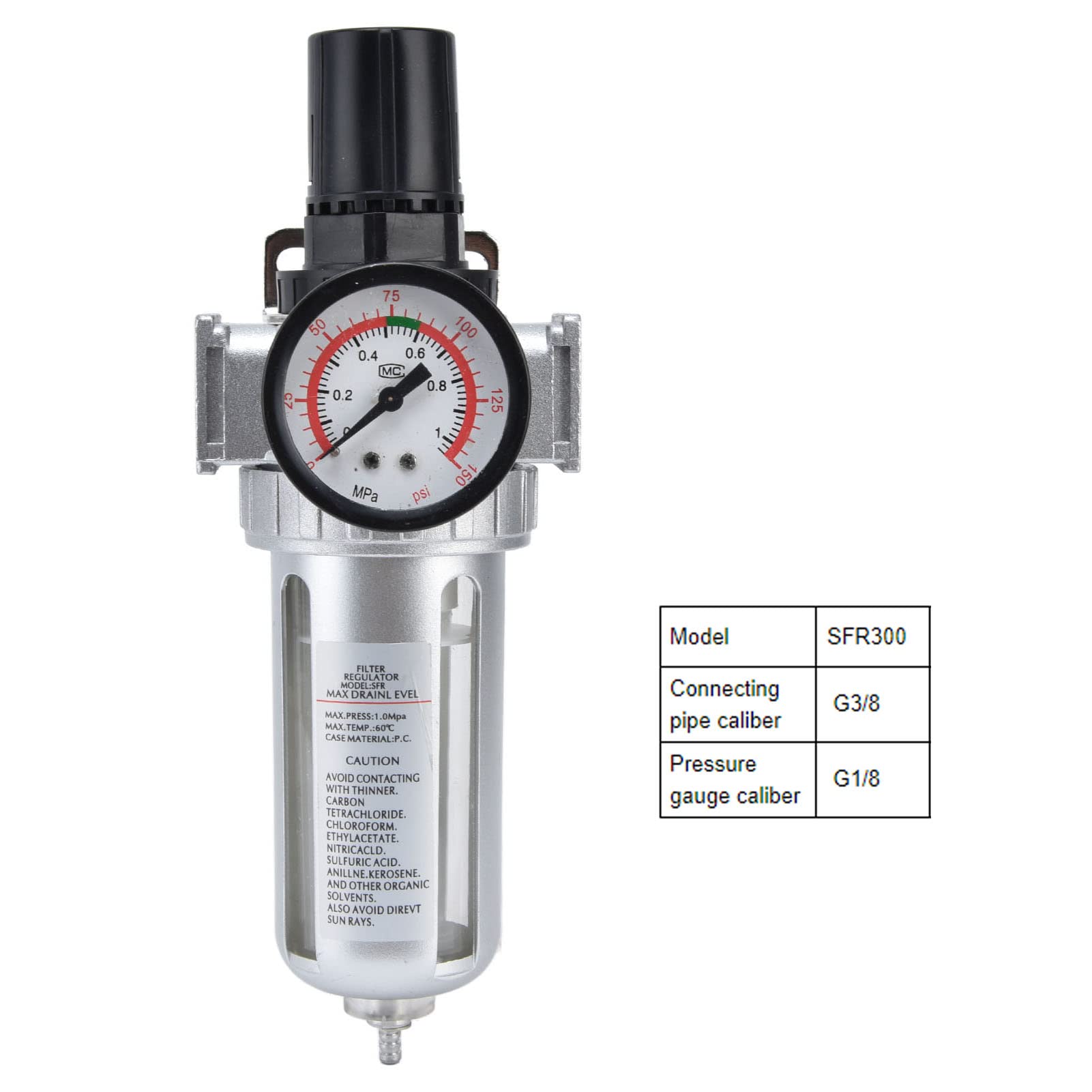 Combinazione di filtro e regolatore dell'aria compressa, regolatore di pressione del filtro dell'aria con kit manometro, separatore d'acqua per sistemi pneumatici, corpo in lega (300 SFR)
