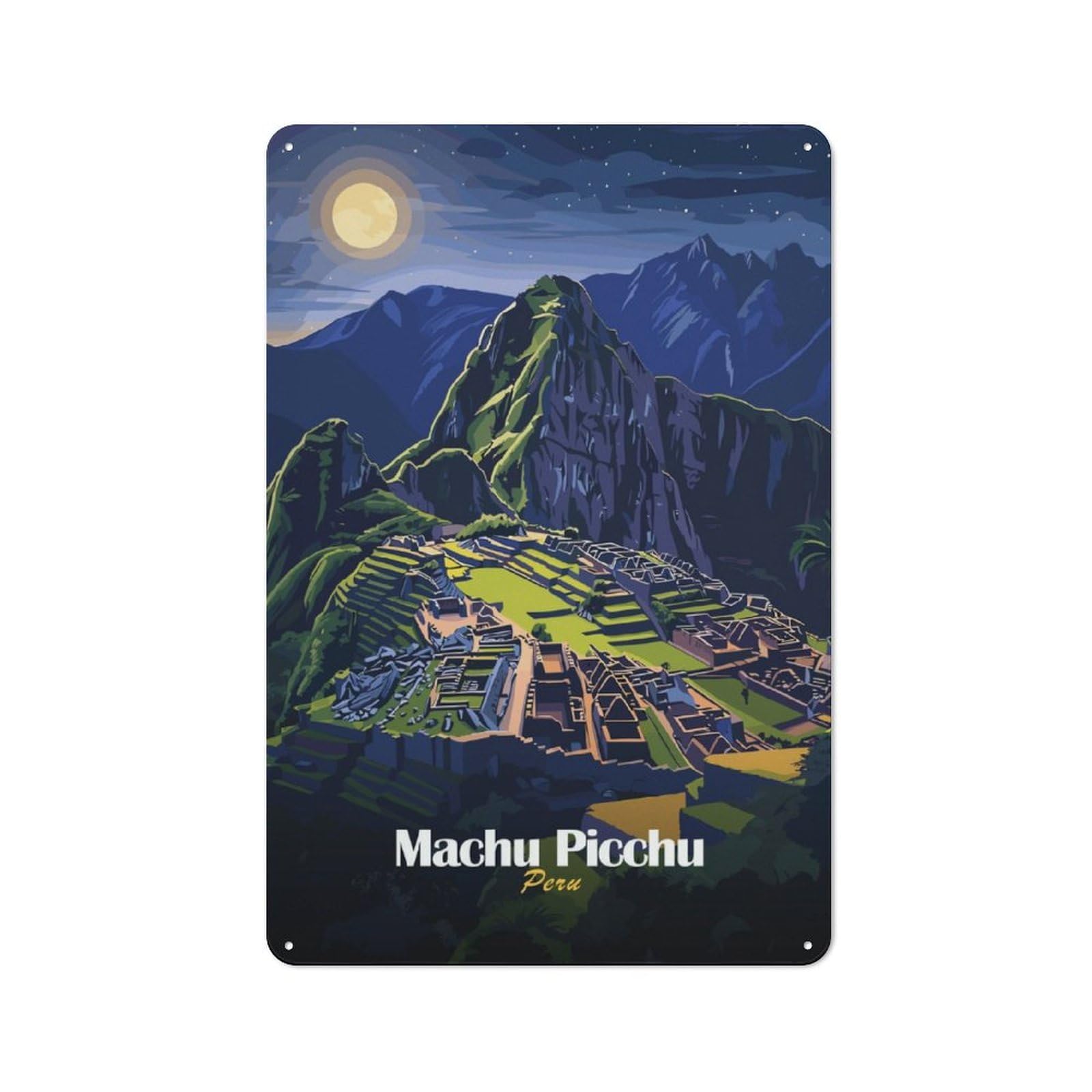 Junmoney Machu Picchu Night View Retro Printed Metal Sign 30X20cm For Kitchen Or Home Bar, For Garage, Workshop And Man Cave Decoration